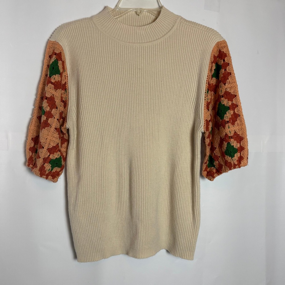 Cato Cream Ribbed Mock Neck Sweater Crochet Granny Square S/S Large Cottage Boho
